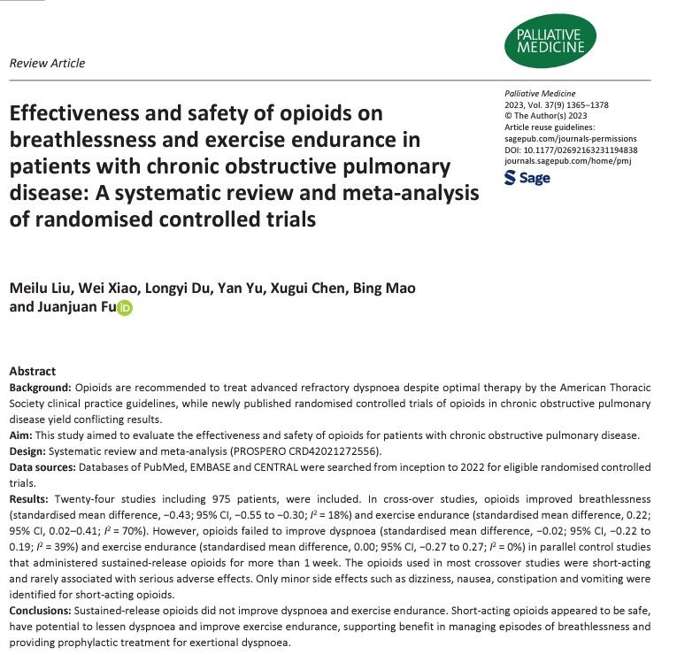 Short-acting opioids can reduce dyspnoea, both at rest and during exercise, and improve exercise endurance. #hpm #hapc #palliativecare buff.ly/3QmAkOs