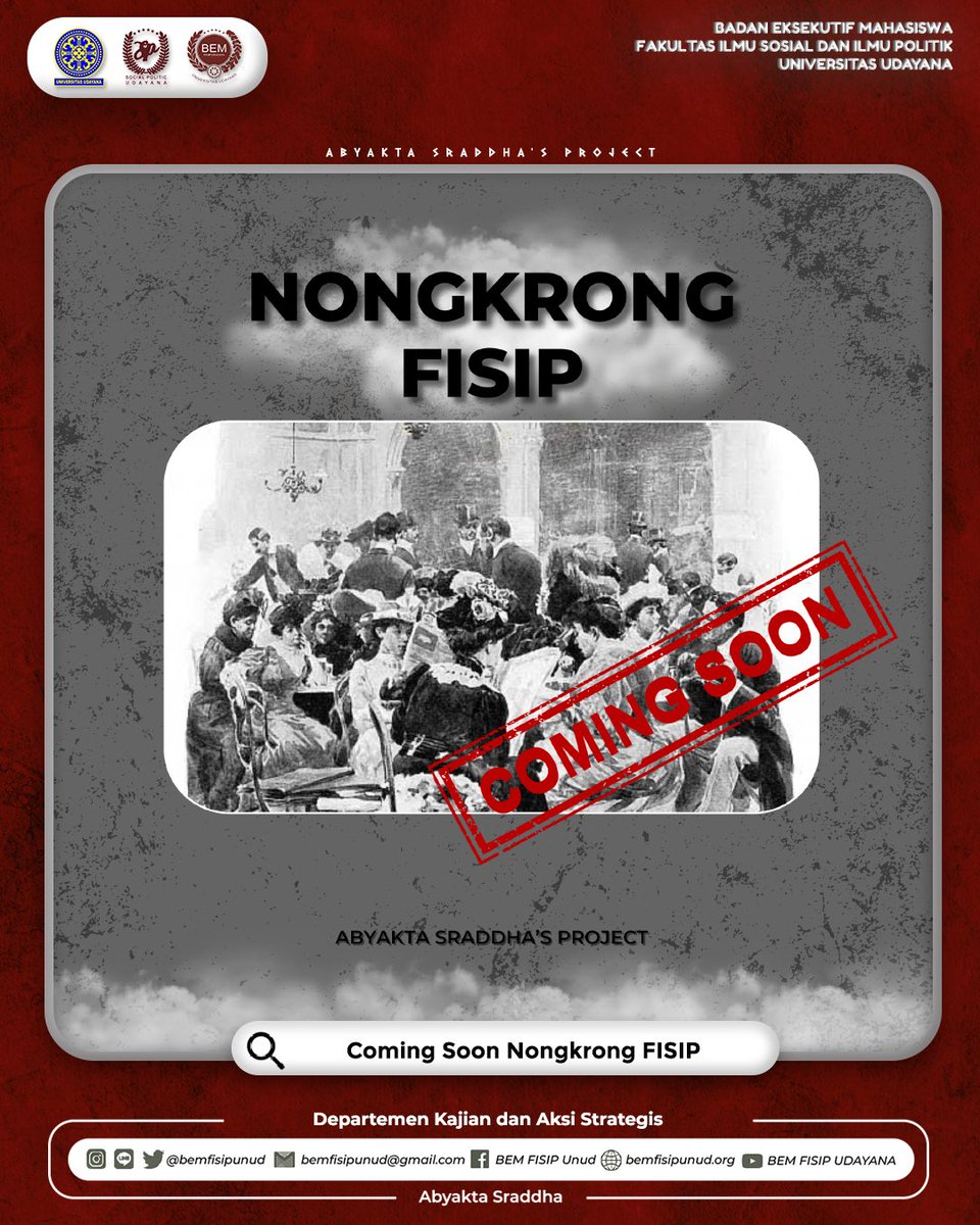 BEMFISIPUNUD's tweet photo. [COMING SOON NONGKRONG FISIP 2023]

Halo Insan Muda Maroon!👋🏻

Gimana nih persiapan UTS kalian untuk minggu depan? Deg-deg an ya pasti😱
Nah, sebelum kalian menghadapi Ujian Tengah Semester nanti, kita ada kegiatan refreshing untuk kalian ikuti yaitu NONGKRONG FISIP 2023! https://t.co/kDxgaofItf