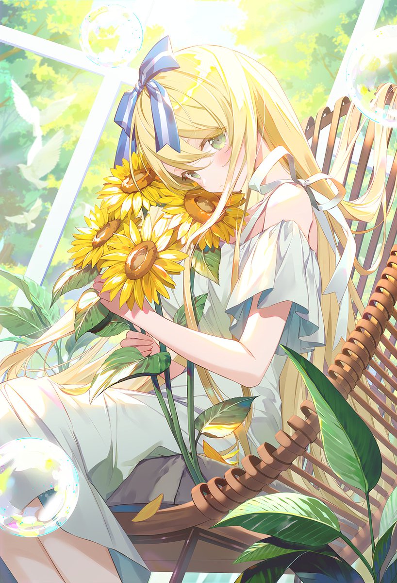 1girl flower sunflower blonde hair solo dress long hair  illustration images