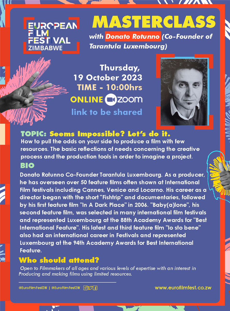 ItalyZimbabwe's tweet image. 🎬 Dream big on a small budget! 

Masterclass with Donato Rotunno, a film maestro from Tarantula Luxembourg. 🍿🎥

 #FilmmakingMagic #EuroFilmFestZW