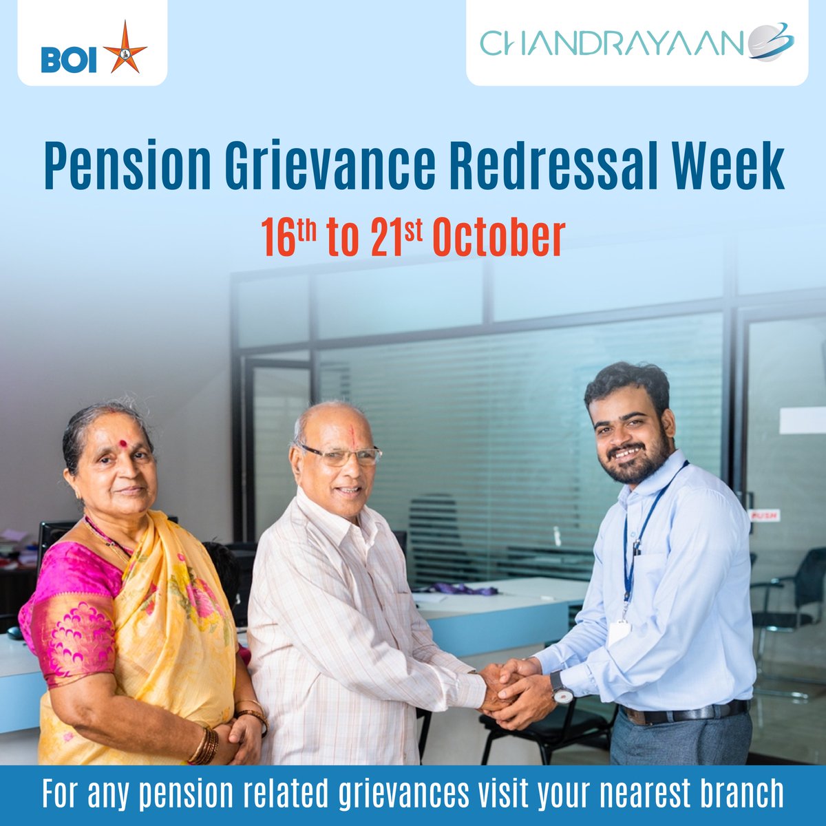 BankofIndia_IN's tweet photo. To help you live your golden years just as you imagined, Bank of India is organizing Pension Grievances Week from 16th to 21st October 2023. Just visit your nearest branch and find the right solution for all your pension-related queries.
#BankofIndia #pensions #grievance https://t.co/8MgBnF7aaP