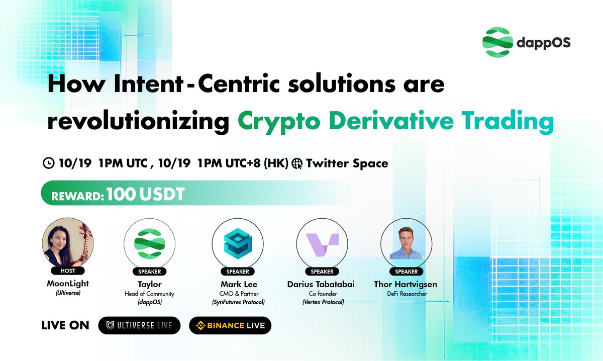 🔥Tune in tomorrow for great #insights on intent-centric solutions in crypto #derivative trading🚀

⏰19 Oct, 1 PM UTC
✨ <a href="/SynFuturesDefi/">SynFutures</a> <a href="/vertex_protocol/">Vertex 🏔</a> @ThorHartvigsen 
📺x.com/i/spaces/1nAJE…
🏆100 U

Tasks🥰
✅Follow &amp; Tag 3 people
✅RT &amp; tune in
✅5 best QTs in comments
