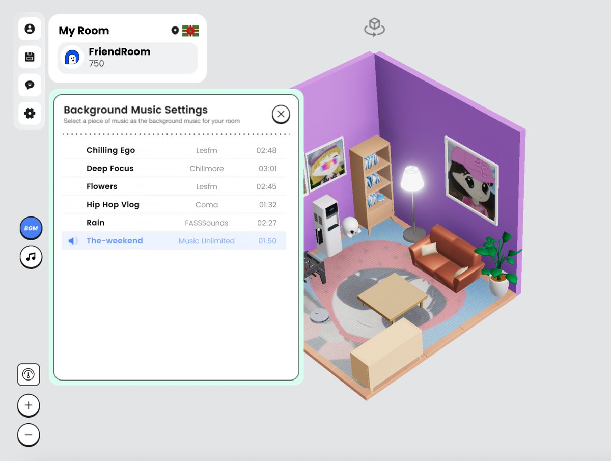 You are free to choose the BGM while decorating your room.

Change your Room BGM, change the vibe💃