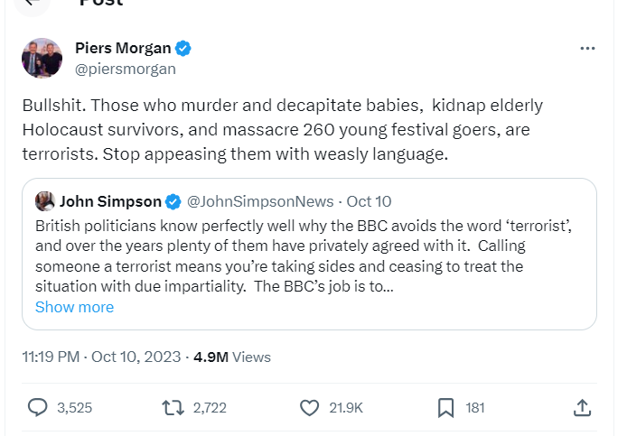 fury_marvel's tweet photo. @piersmorgan Piers Morgan WROTE on X "Decapitate babies" and know he is LYING about it. Shameful.

https://t.co/qXdqnDfvN3 https://t.co/f6YVssTPtw