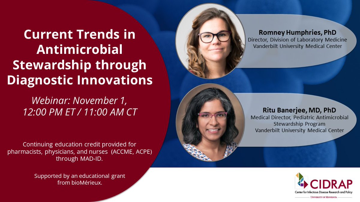 Registration is now open for a free Nov 1 webinar on diagnostic innovations for antimicrobial stewardship and improved patient outcomes, featuring presentations from Drs @romneyintn and Ritu Banerjee. Pharmacy, medical, and nursing CE is available! cidrap.umn.edu/antimicrobial-…