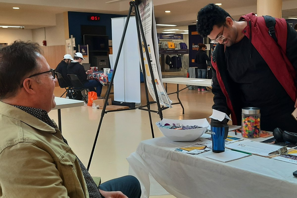 WLUFA's tweet photo. Day 3 of #FairEmploymentWeek. We are set up on the Concourse here at the Waterloo campus. Come by for some free treats and to grab some information provided by @OCUFA @CAUT_ACPPU and our own Contract Faculty Members. #MakeItFair #MoreWithMore https://t.co/ObtiqAF2Em