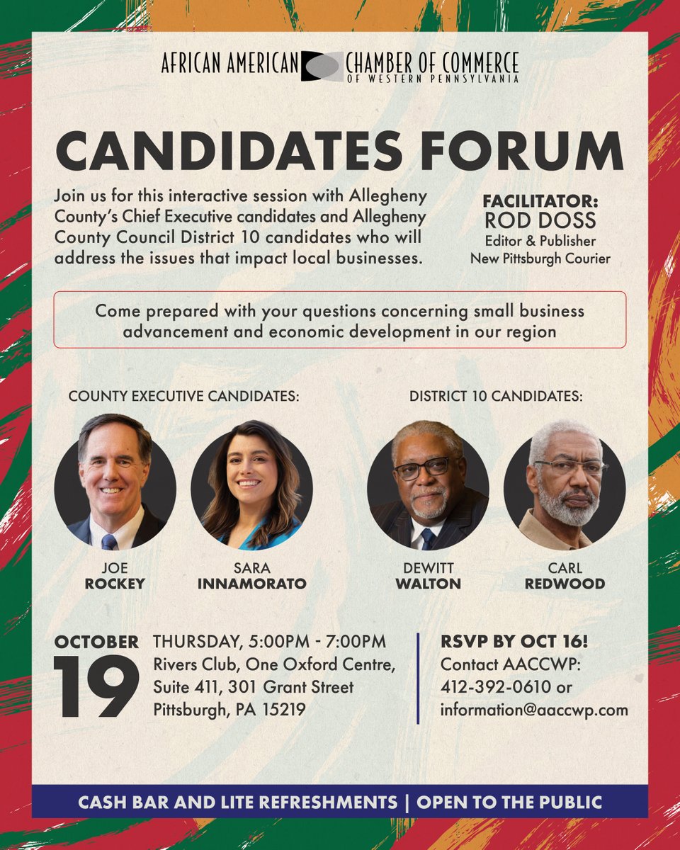 VEEEMPittsburgh's tweet photo. Join us this Thursday, 10/19 at the AACC Candidate Forum. This interactive session with Allegheny County's Chief Executive candidates and Allegheny County Council District 10 candidates will address issues that impact Iocal businesses.
#alleghenycounty #votewithveeem #AACC #VEEEM https://t.co/YAuPHRM2hM