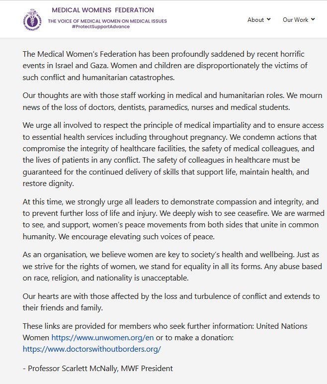 We have made a statement about recent horrific events in Israel and Gaza: medicalwomensfederation.org.uk/news/mwf-state…