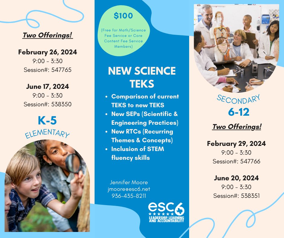 Did you miss the previous offerings of the New Science TEKS? Here's two more opportunities! Join Us! @escregion6 @ESC6_LLA