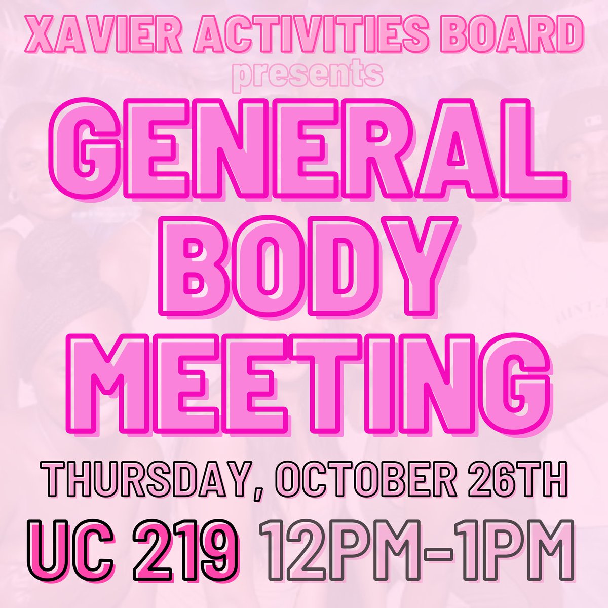 Join XAB for our second general body meeting of the semester. Come find out about upcoming events, join committees, and get a nice little meal! Hope to see you there!🩷