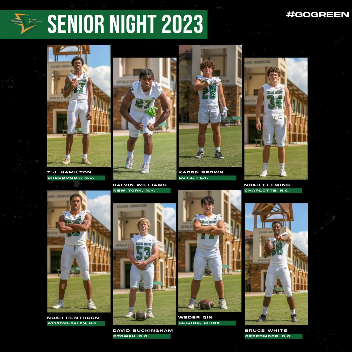 Looking ahead to Friday, it will be Senior Night for 16 Greenie football players.

Make plans to arrive early as there will be a pregame ceremony to recognize the seniors, followed by a 7 p.m. kickoff for Christ School-Cannon School from Fayssoux Field. #GoGreen
