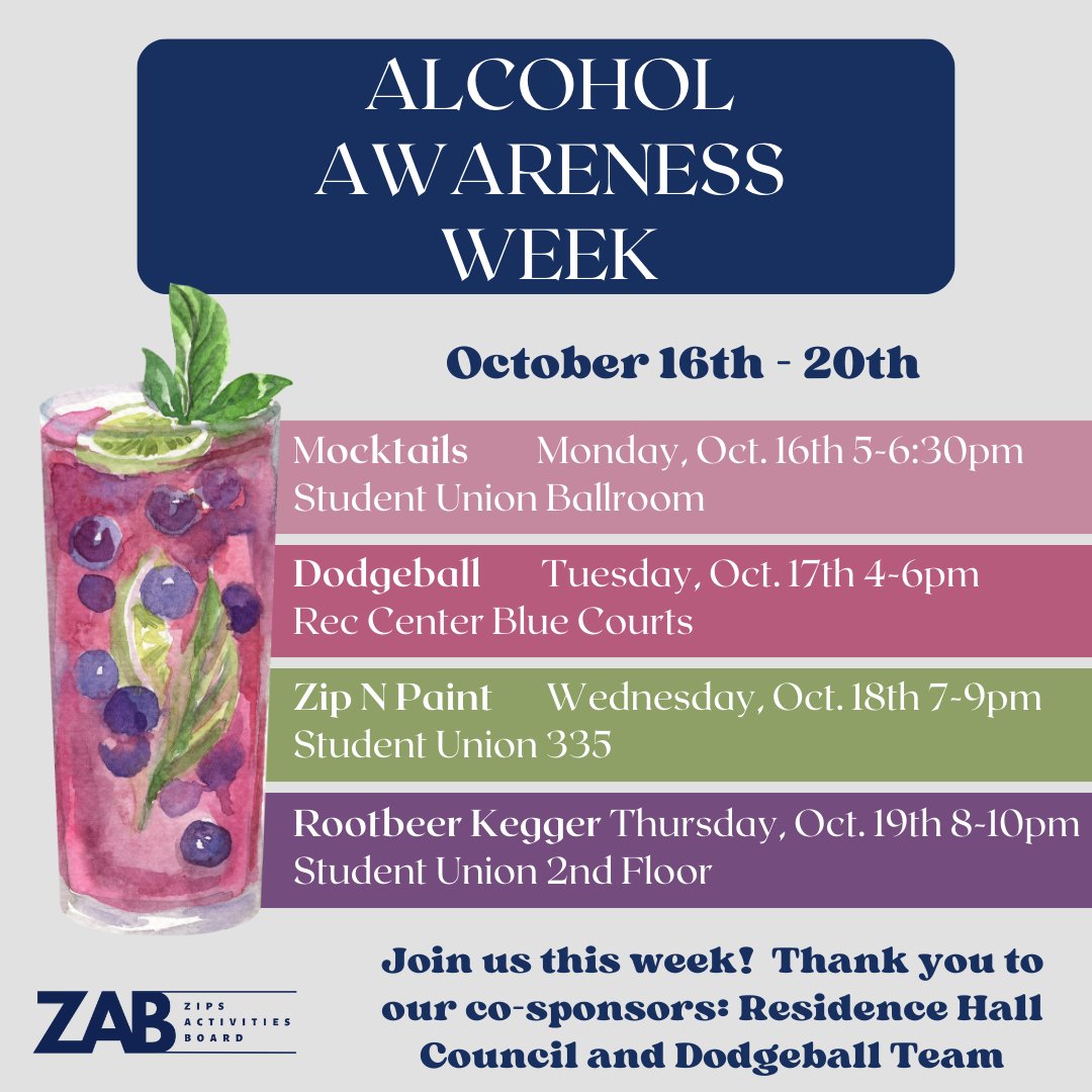 UAkronZAB's tweet photo. Alcohol Awareness Week is this week. Check out all the events going on and let us know if you have any questions or concerns! https://t.co/KnzrEZ8OV7