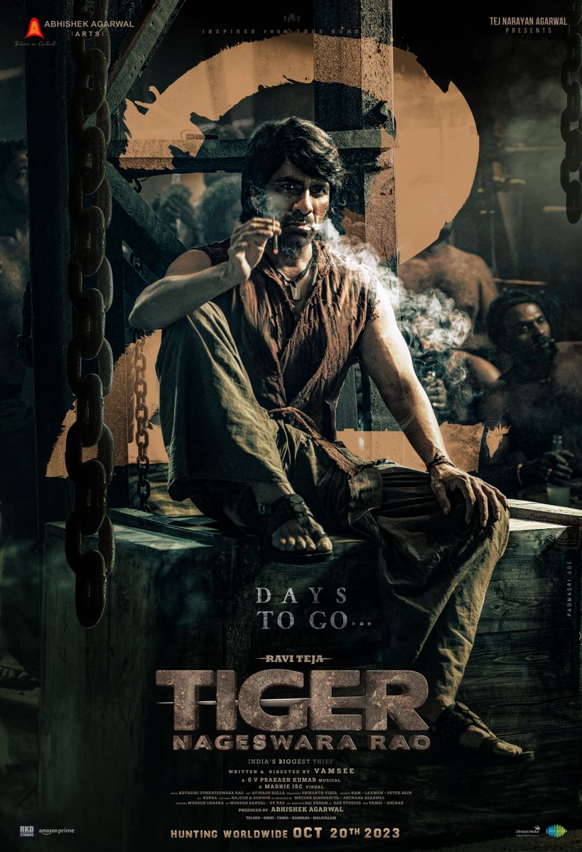 Just 2 days & Our Tiger will set the screens on fire worldwide 🔥

#TigerNageswaraRao In cinemas from Oct 20th ❤️‍🔥

@RaviTeja_offl  @AnupamPKher @AbhishekOfficl @AAArtsOfficial @NupurSanon @gaya3bh #RenuDesai @Jisshusengupta @gvprakash @anukreethy_vas @MayankOfficl @ArchanaOfficl