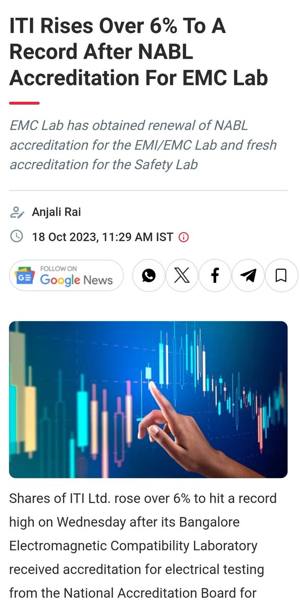 ITI's stock soars by over 6% to reach a historic peak, riding on the prestigious NABL accreditation for their EMC Lab. This highlights that NABL, the epitome of trust and quality, not only instills confidence in customers but also propels to new heights in the market. A shining…