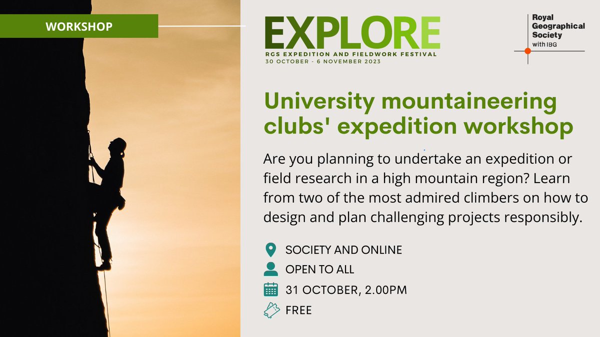 Next, Leo Houlding and Rebecca Coles (<a href="/RoamMtns/">Rebecca Coles</a>) will be hosting a workshop giving university students the opportunity to acquire the skills, knowledge, and preparation needed for a successful expedition⛺️

📍 Society or online, 31 October at 2.00pm 👉 rgs.org/events/upcomin…