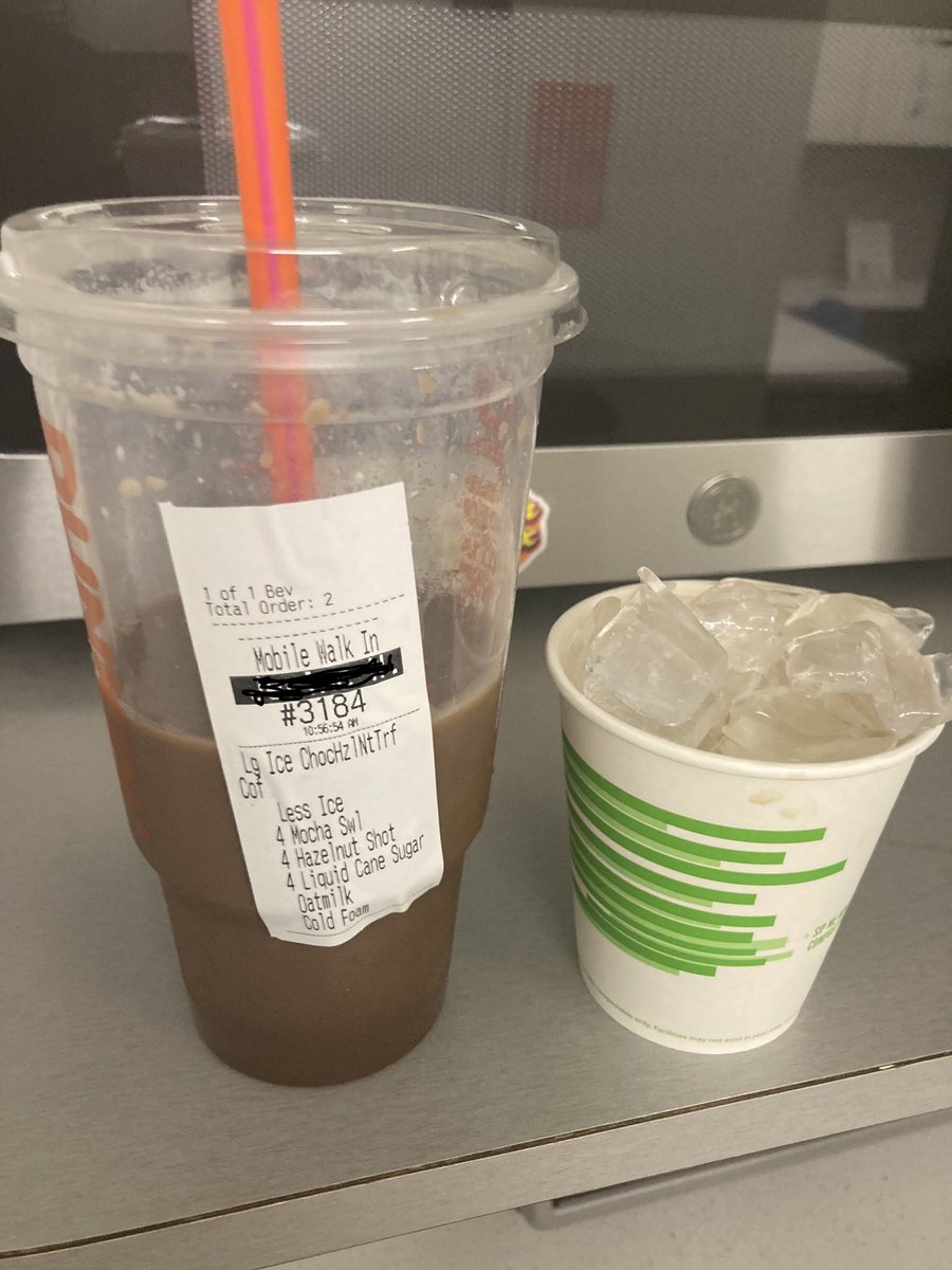 jai2weets's tweet photo. @dunkindonuts Just order medium… unless you want 12oz of ice!! Dunkin’ tell your employees to stop giving us all this ice especially when your about COFFEE!!!! We ask for less we should get less… my foam is gone fishing all this ice out!! Rant over… https://t.co/kNhDW8bM1N