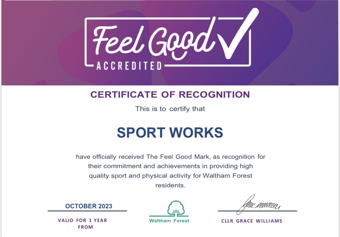 SportWorks is proud to be apart of the Feel Good Accredited programme with <a href="/wfcouncil/">Waltham Forest Council</a>

We look forward to delivering high quality health and well-being provision within the borough. 

#walthamforest #delivery #health #wellbeing #sportworks