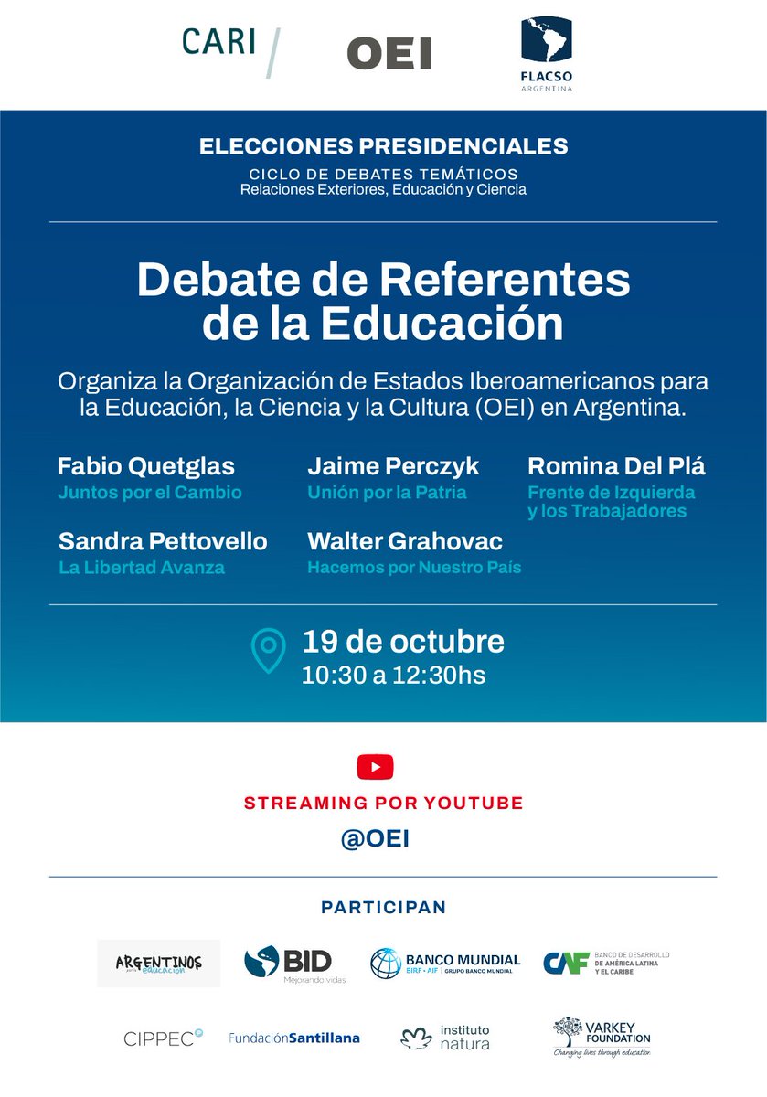 oeiarg's tweet photo. Los esperamos mañana en el último debate del ciclo: Elecciones Presidenciales 🇦🇷 Debate sobre Educación 🗣️  Conectate a las 10:30 hs para verlo en vivo #YoDebato 🔴 👉  https://t.co/wAYj1EZi8j https://t.co/kRP25S8E5q