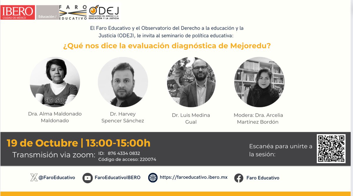 #SeminarioPermanenteFaroODEJ💡| No se pierdan el día de mañana (13:00h) la transmisión via zoom del XVI seminario de política educativa ¨La evaluación diagnóstica de Mejoredu¨. Nos acompañan @almaldo2 @HarveyEvalua @medinagual @arceliambordon