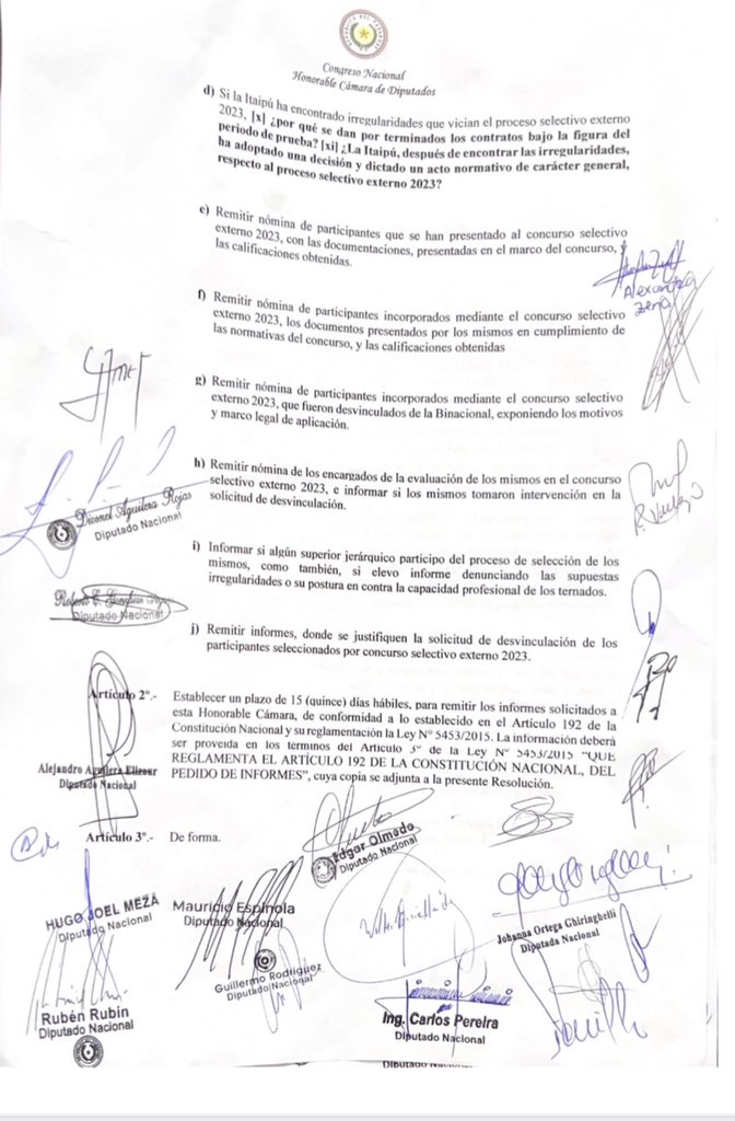 EspinolaEspnol1's tweet photo. Hemos solicitado un pedido de informe a LA ENTIDAD BINACIONAL ITAIPÚ SOBRE LAS TERMINACIONES DE CONTRATO RELATIVAS AL PROCESO SELECTIVO EXTERNO 2023 https://t.co/KVsxWy92f8