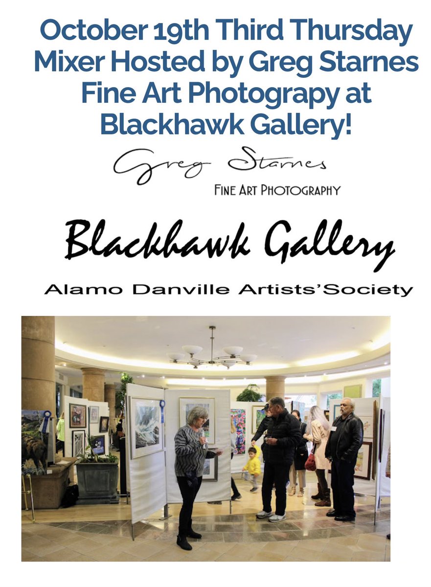 City of San Ramon Chamber of Commerce - Third Thursday Mixer - Blackhawk Gallery

Host: Greg Starnes - Greg Starnes Photography
Date: October 19, 2023
Time: 5:30 PM - 7:00 PM PDT
Register Now🎈
Registration is required for this event!
#sanramonca #blackhawkgallery #danvilleca