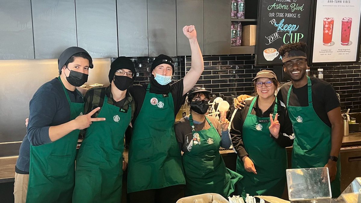 TODAY: Workers at both union Starbucks in Astoria engaged in a simultaneous work stoppage to protest hours cuts and short-staffing. Hours cuts are a union busting tactic – they mean lower pay, disqualification from benefits, more stress and longer wait times for customers.