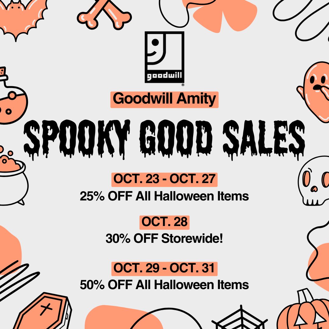 Stay tuned for some spoooooky good sales!👻

Get out to a #Goodwill near you next week to take advantage of these seasonal savings!

Visit our website to see all our locations: goodwillonline.ca/shop/

#GoodwillAmity #Thrift #SustainableGood #Halloween #GoodwillHalloween #Sale