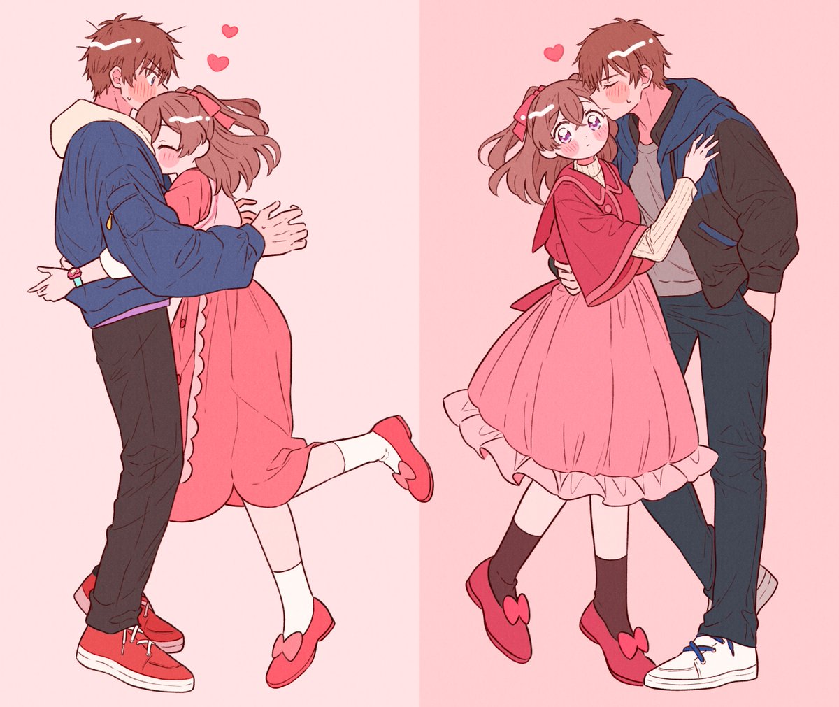 1girl 1boy pink dress dress brown hair hetero blush  illustration images