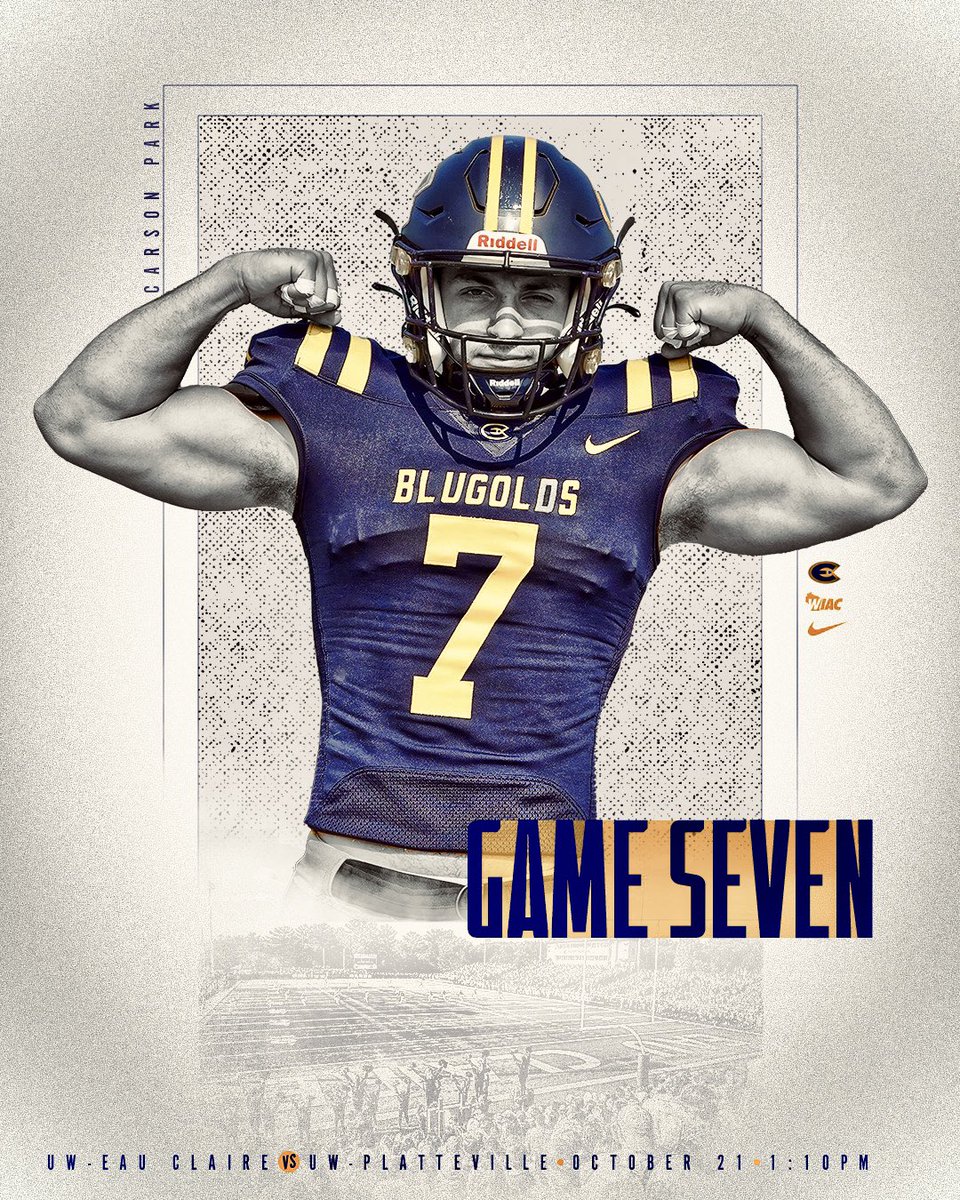 UWECFootball's tweet photo. Blugold Football is back at home this weekend vs Platteville. Let’s pack Carson Park once again Saturday afternoon! 

🔵🟡 SEE YOU THERE! 🟡🔵

#ROLLGOLDS
#GOLD2vs3VERYONE https://t.co/AnnvijfvWr