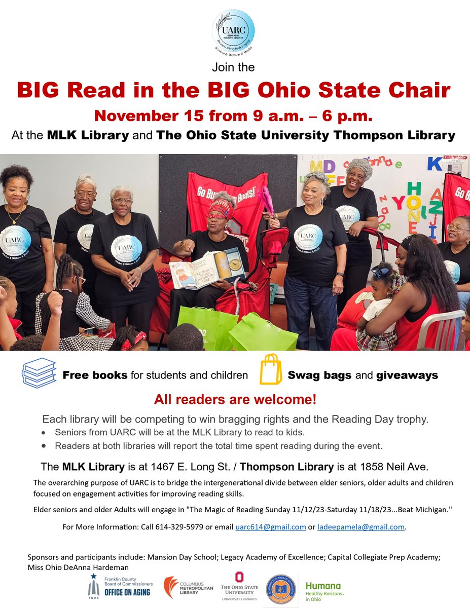 Don't miss out on The BIG Read in the BIG Ohio State Chair event tomorrow! UARC will be at the MLK Library reading to kids! 📅 Date: Nov. 15 🕒 Time: 9 a.m. - 6 p.m. 📚 Address: 1467 E. Long St. For more information, call 614-326-5979 or email UARC614@gmail.com.