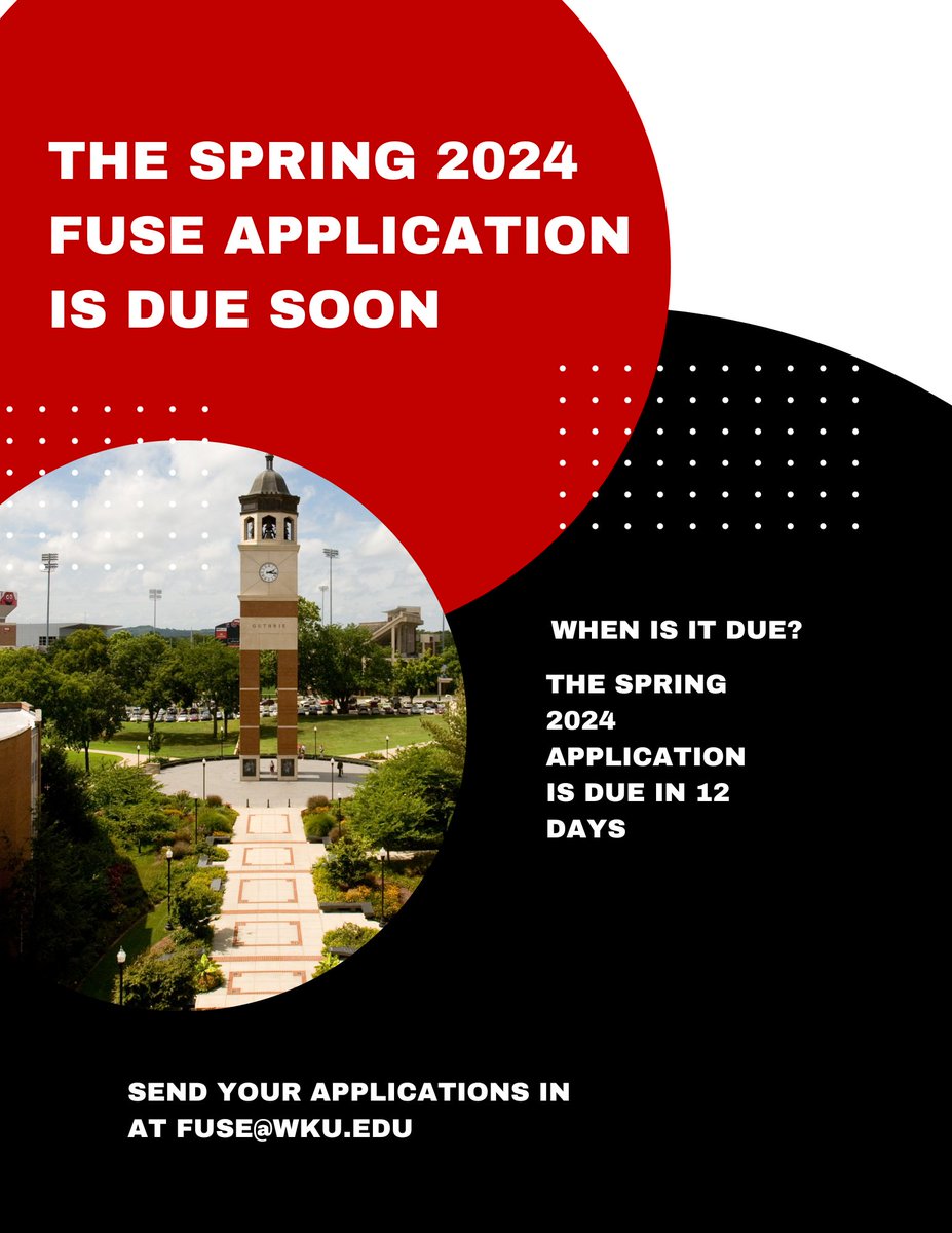 WKU Undergraduate students in good academic standing with at least sophomore status are eligible to apply. 

To learn more, visit wku.edu/research/fuse.… 
Email fuse@wku.edu if you have any questions. 

#WKU  #wkuresearch #togetherweclimb #peopleofwku