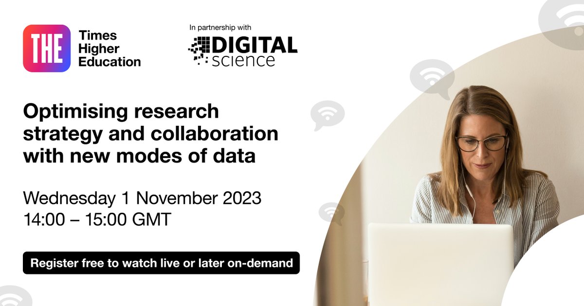Don't forget to register for our FREE webinar, in partnership with @digitalsci. Join our panel of experts on 1 November, as we take a deeper look at 'Optimising research strategy and collaboration with new modes of data.' Register for FREE here: timeshighereducation.zoom.us/webinar/regist…