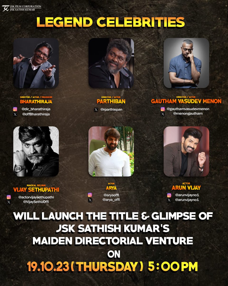 #JSKFilmCorporation
#JSKSathishkumar's directorial venture, Title & Glimpse will be Released by @offBharathiraja @rparthiepan @menongautham 
@VijaySethuOffl @arya_offl @arunvijayno1 On OCTOBER 19th  (Thursday) Tomorrow @ 5 PM
Stay tuned....

@JSKfilmcorp @OfficialBalaji