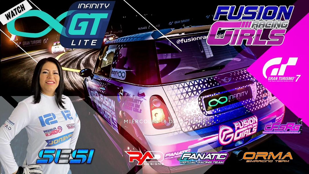 RacingFusion's tweet photo. RONDA 6 de @InfinityGSeries
@Mach25Gaming

🎙️https://t.co/LiRMAZJbVN @AGarnata
 20:30 🇪🇦

Circuito: Alsace 

Coche: Mini Cooper s05
#minicup

🟣Piloto: @SesiChocoj

🟣Diseños:
🚙 @RadMad32
🖌️ @ElianaLamas7

🟣Soporte 
@Communityfrgirl
@FanaticVirtual
@ORMAsimracing

#simracing https://t.co/tcYlNKqiDw