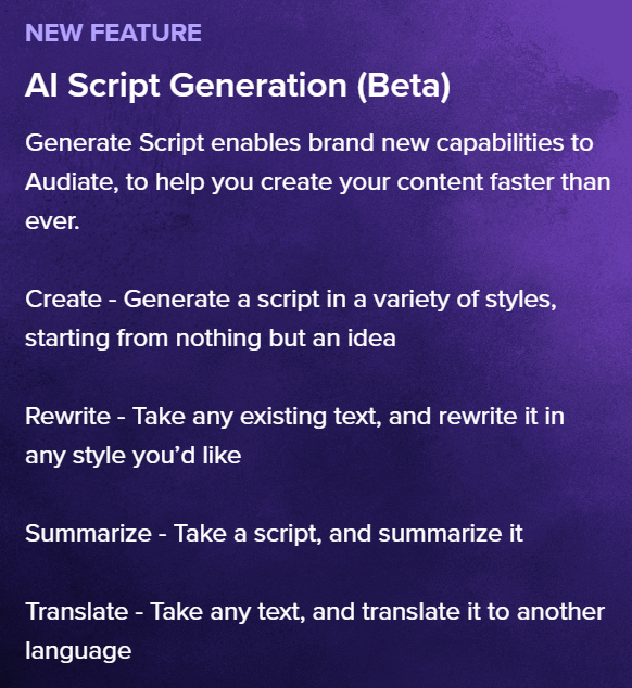 🎉Oooh new feature released in TechSmith Audiate, the audio generation / editing tool that works superbly w/ <a href="/Camtasia/">TechSmith Camtasia</a> 

✍AI Script Generation

Translate: Take text &amp; translate into another language

Improved Camtasia integration - transcribe audio from Camtasia, edit &amp; sync
🔥