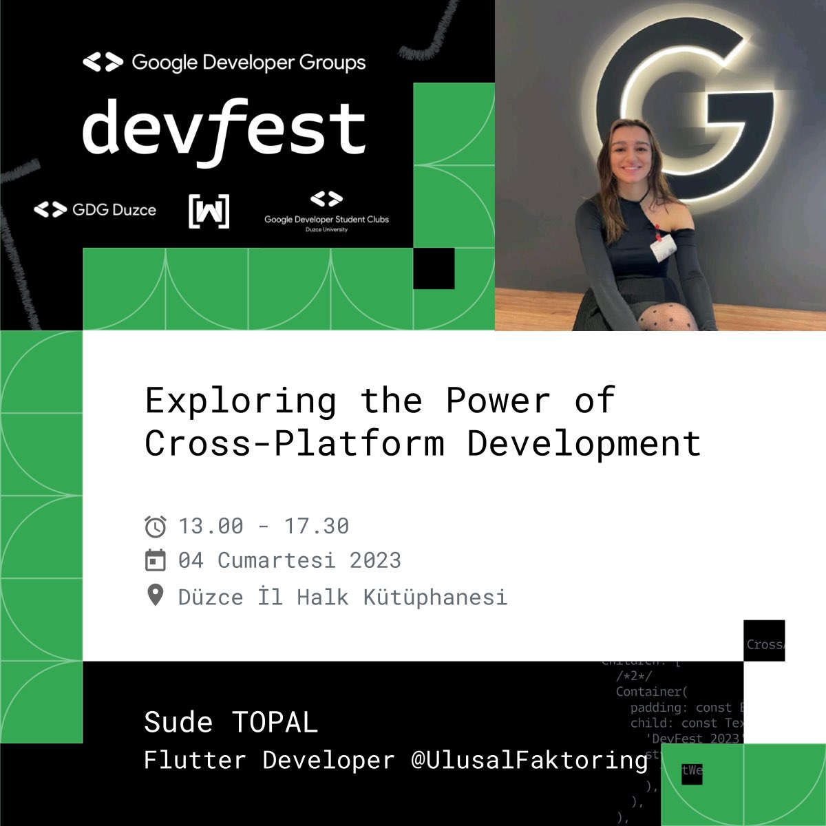 ✨ Etkinliğimizin bir diğer değerli konuşmacısı ‘Exploring the Power of Cross-Platform Development’ konulu sunumu ile Flutter Developer olan Sude Topal bizlerle  🚀

📍 4 Kasım 2023 Cumartesi, Düzce İl Halk Kütüphanesinde buluşuyoruz 😇

Katılım: forms.gle/RYEaWZrbJi3C6H…