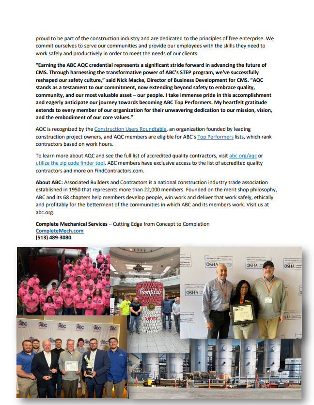 MechConstruct4u's tweet photo. Complete Mechanical Services is honored to be named an "Accredited Quality Contractor" by ABC, placing us in the top 2% of contractors. A testament to our commitment to excellence in #construction https://t.co/dIp56DfpIR