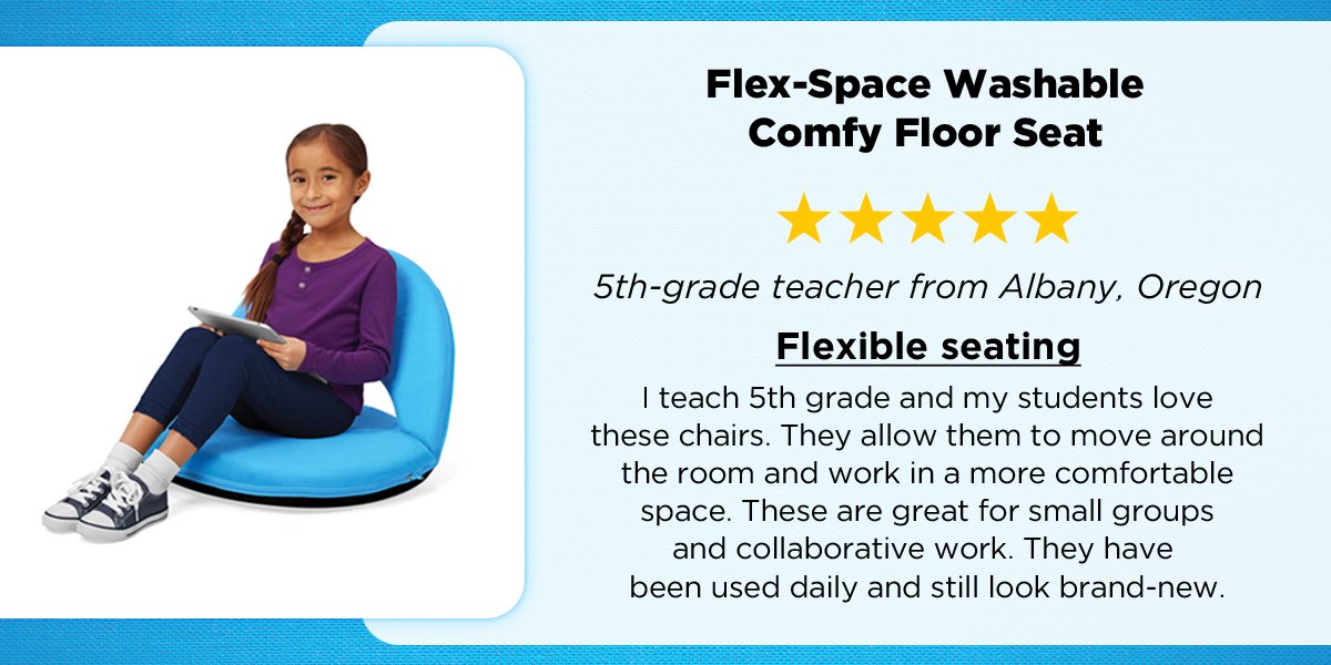 Another 5-star review? Yep! Our Flex-Space Washable Comfy Floor Seat is a classroom fave for a reason—it does it all. And you can wash it, too! 💙😊 bit.ly/3LYIb2a.