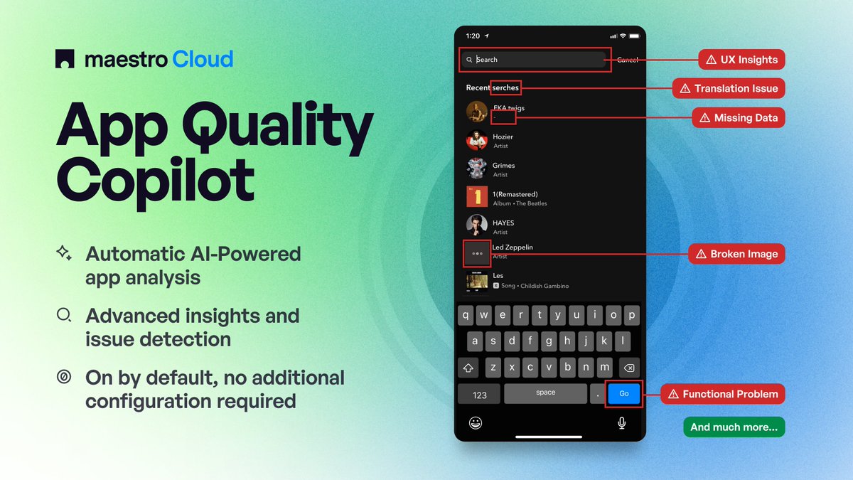 1/ Introducing: App Quality Copilot - AI-Automated QA and Testing on Maestro Cloud With recent advancements in AI, companies will soon be able to detect user-facing app issues without the need for test scripts or manual QA. App Quality Copilot is the first step towards this…
