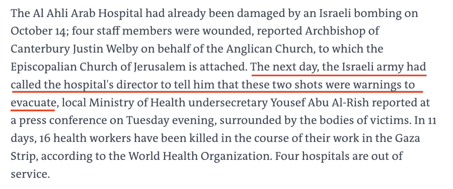 Le Monde reports that Al Ahli Arab Hospital was already damaged by Israeli bombing on Oct 14, and on Oct 15 "the Israeli army had called the hospital's director to tell him that those two shots were warnings to evacuate," says the local Health Ministry. lemonde.fr/en/internation…