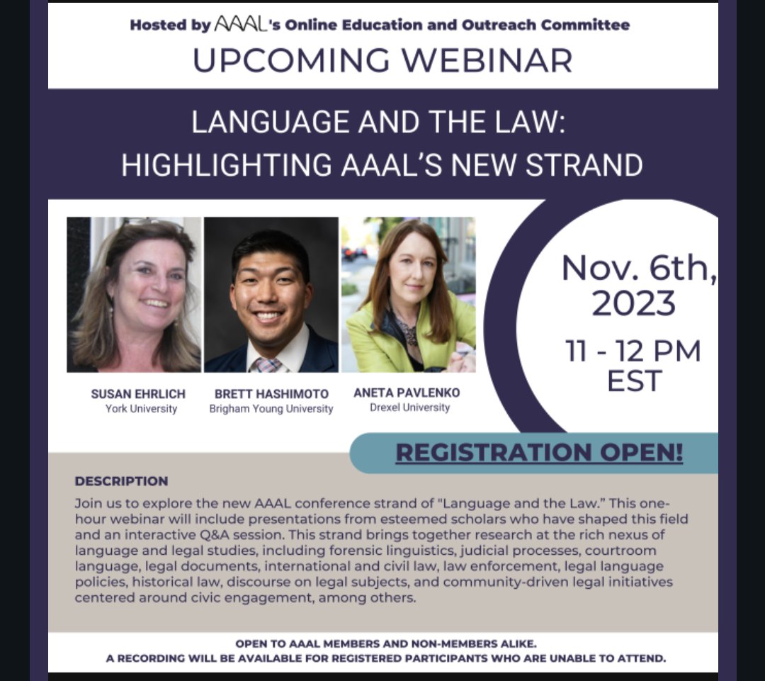 Mark your calendar 📆 and register ‼️11/6 11-12pm EST Language and the law: highlighting AAAL new strand!! aaal.org/events/aaal-we…