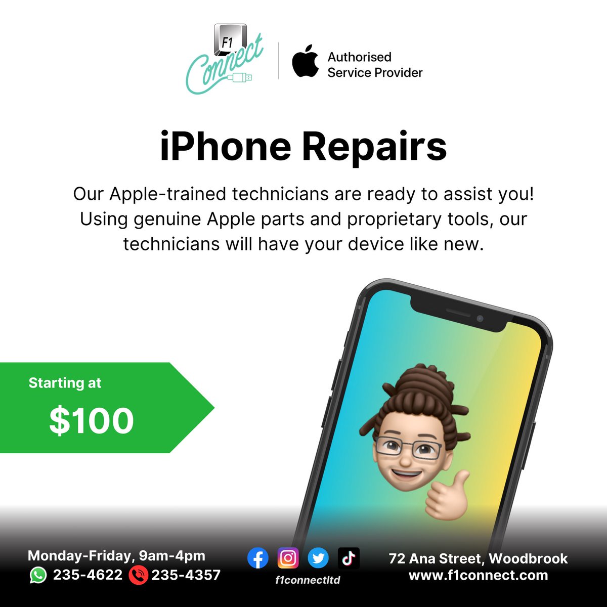 f1connectltd1's tweet photo. Choose F1 Connect when you want your iPhone repaired! No more loss of Face ID and other features due to 3rd party repairs. Get genuine Apple repairs done by Apple-trained technicians at F1 Connect. Repairs start at $100, visit us today to learn more about your repair options. https://t.co/TaXfp639aJ