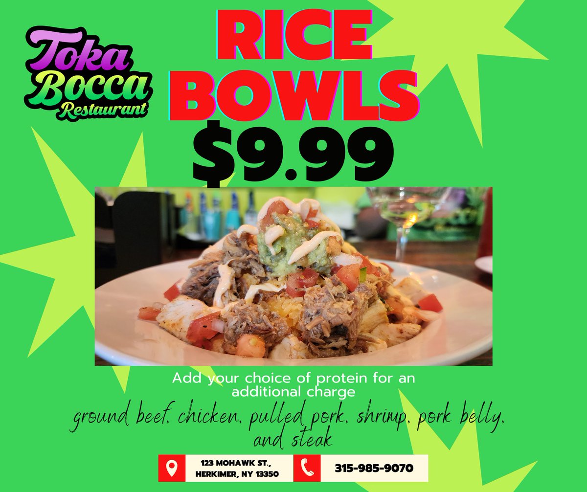 TokaBocca's tweet photo. Today's Hump-Day special is BYO Rice Bowls starting at $9.99! All of our rice bowl comes with saffron yellow jasmine rice, housemade queso, housemade pico and quac, and of course our signature Bong Bong sauce! Dine in or order online at https://t.co/R75ERcK52u. (Herkimer only) https://t.co/seoLHIrBQ9
