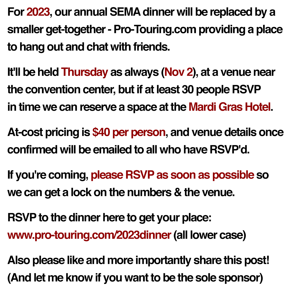 ProTouring's tweet photo. What are you doing Thursday evening, Nov 2 @ #SEMA?

How about joining the https://t.co/bTDnEmeOaB community for dinner?

Details in the image - and use the link below to RSVP!

https://t.co/Sh1cCJlKP8

Also please like &amp; more importantly share this post! https://t.co/oQrs2gY517