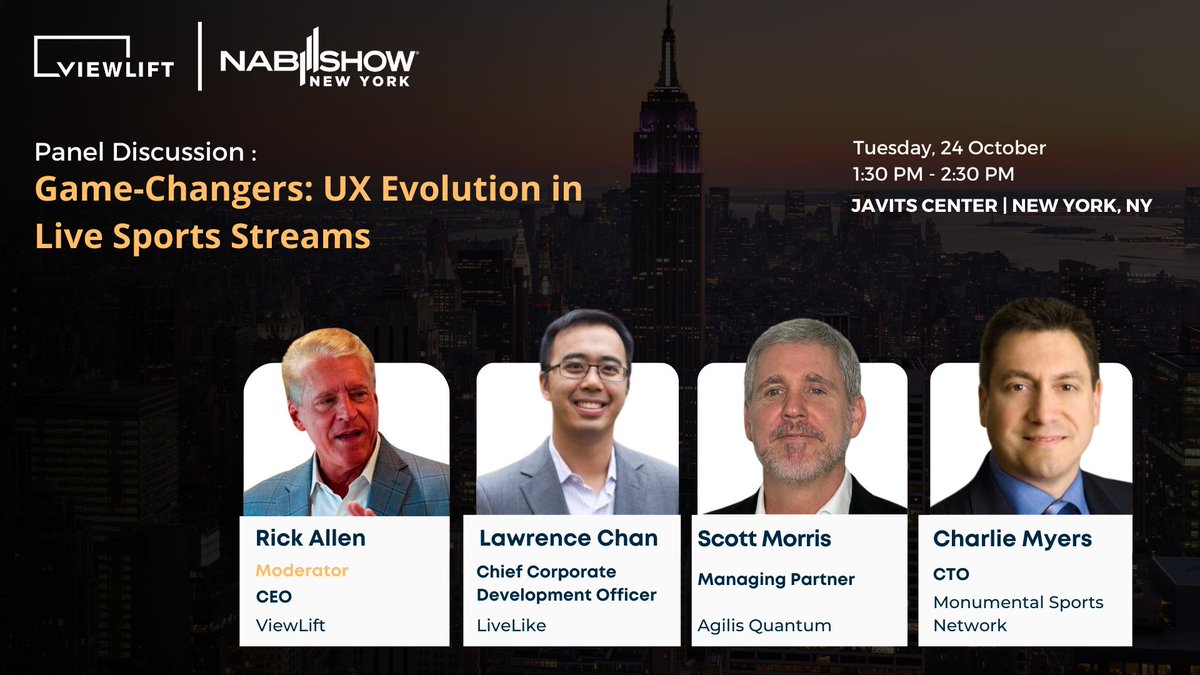 viewlift's tweet photo. Explore sports streaming's future with @viewlift 's CEO, @CRichardAllen , and experts Lawrence Chan (@LiveLikeInc ), Charlie Myers (@MonSportsNet ), and Scott Morris (@AgilisQuantum) at @NABShow 2023 in New York on October 24th, 1:30 PM, Javits Center.

See you there! https://t.co/ctioMpdVzw