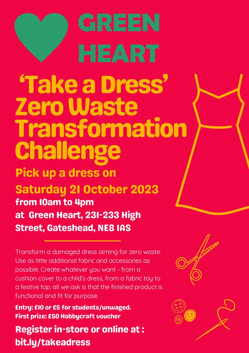Are you in it to win it? 🏆🧵✂️

Join us at Green Heart on 21st October to pick up a dress for the Transformation Challenge! Yes, it's back! 🤩

Find out more: bit.ly/takeadress 

#WhatsOnGateshead #Competition