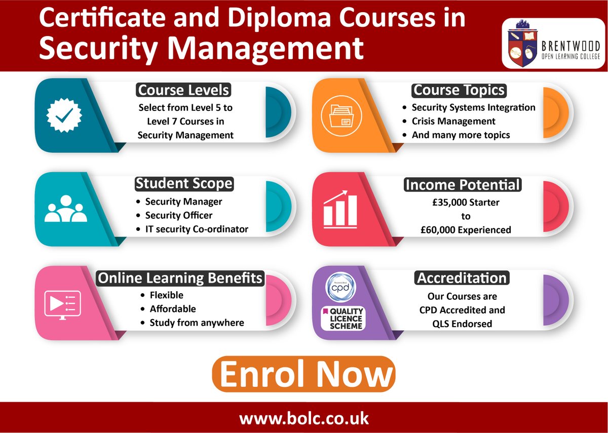 bolcuk's tweet photo. Are you passionate about safeguarding businesses, assets, and people? #BrentwoodOpenLearningCollege (BOLC) proudly introduces our comprehensive Security Management courses!

Learn more:
https://t.co/KS5nl8YzdG

#SecurityManagement #SafetyFirst #BOLCCourses #GuardiansOfSafety https://t.co/rh0GQi0EC0