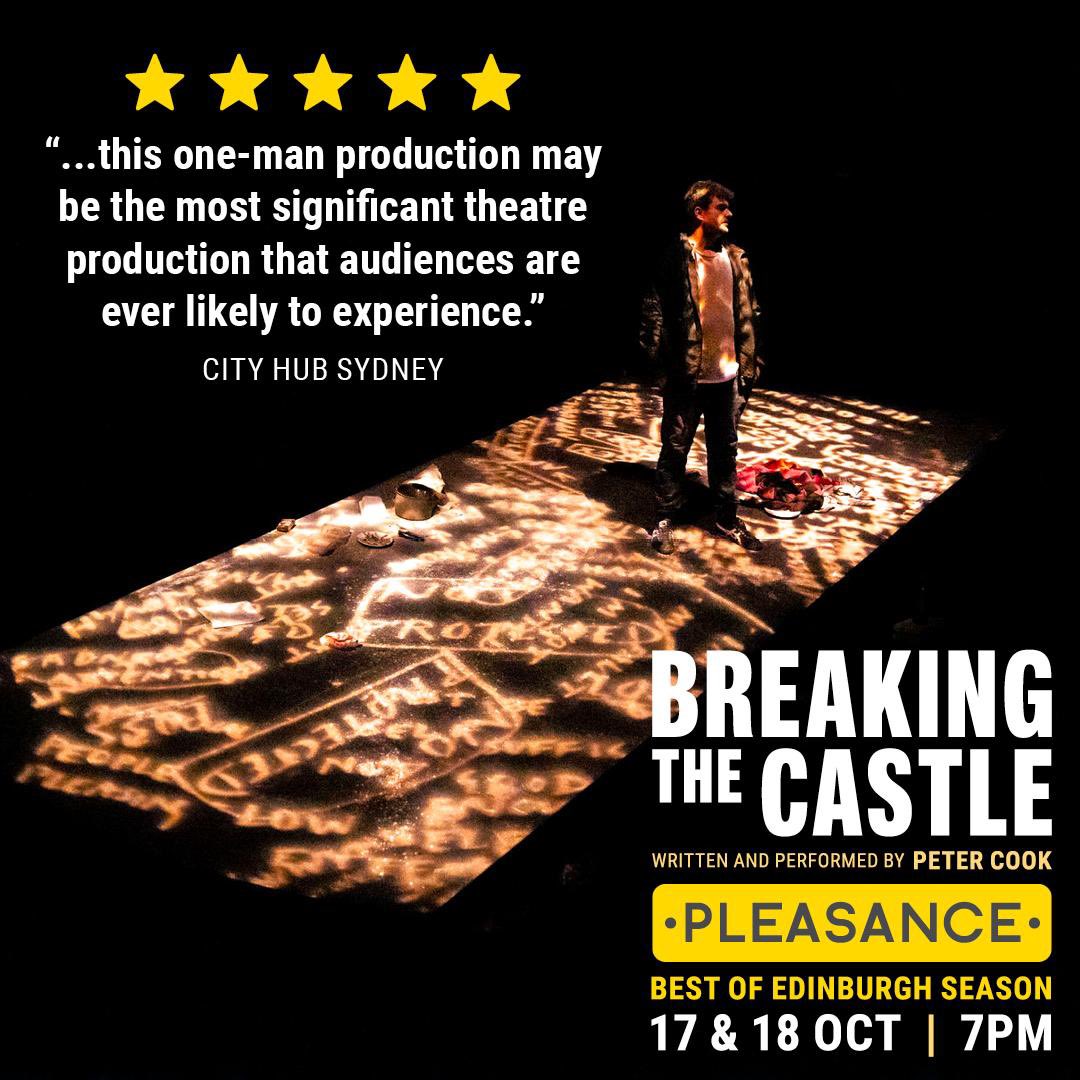 HintofLIMEprod's tweet image. Don’t miss the final performance of “Breaking The Castle” written &amp;amp; performed by @peterncook @ThePleasance 7pm, today. Tickets still available - book now!
pleasance.co.uk/event/breaking…

⭐️⭐️⭐️⭐️⭐️ @LondonTheatre1 
⭐️⭐️⭐️⭐️⭐️ @ThreeWeeks 
Nominated for #OffFest Award