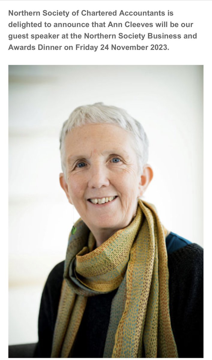 Vera author Ann Cleeves to speak at #business dinner on 24 November in #Newcastle #ICAEWintheNorth

Read more and buy your tickets ⤵️
norsca.co.uk/norsca/newsart…