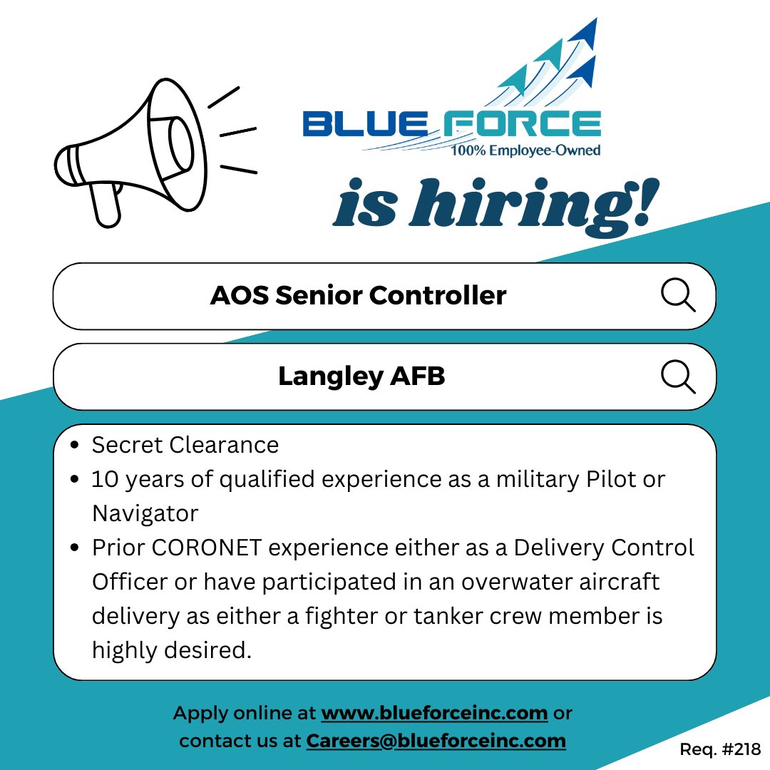 If you have 10+ years of experience as a military pilot or navigator, check out this Senior Controller opportunity in support of AOS at Langley AFB: blueforceinc.hua.hrsmart.com/hr/ats/Posting…
#blueforceinc #militarypilot #langleyafb #secretclearance #clearancejobs #clearedjobs
